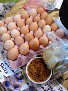 Free range eggs delivered to the box, along with THE BEST rhubarb crumble from coach/chef Barney